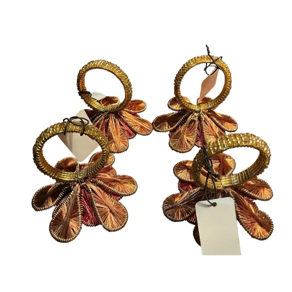 Pier 1 Four Golden and Deep Red Textured Flower Sparkly Stone Napkin Rings NWTs